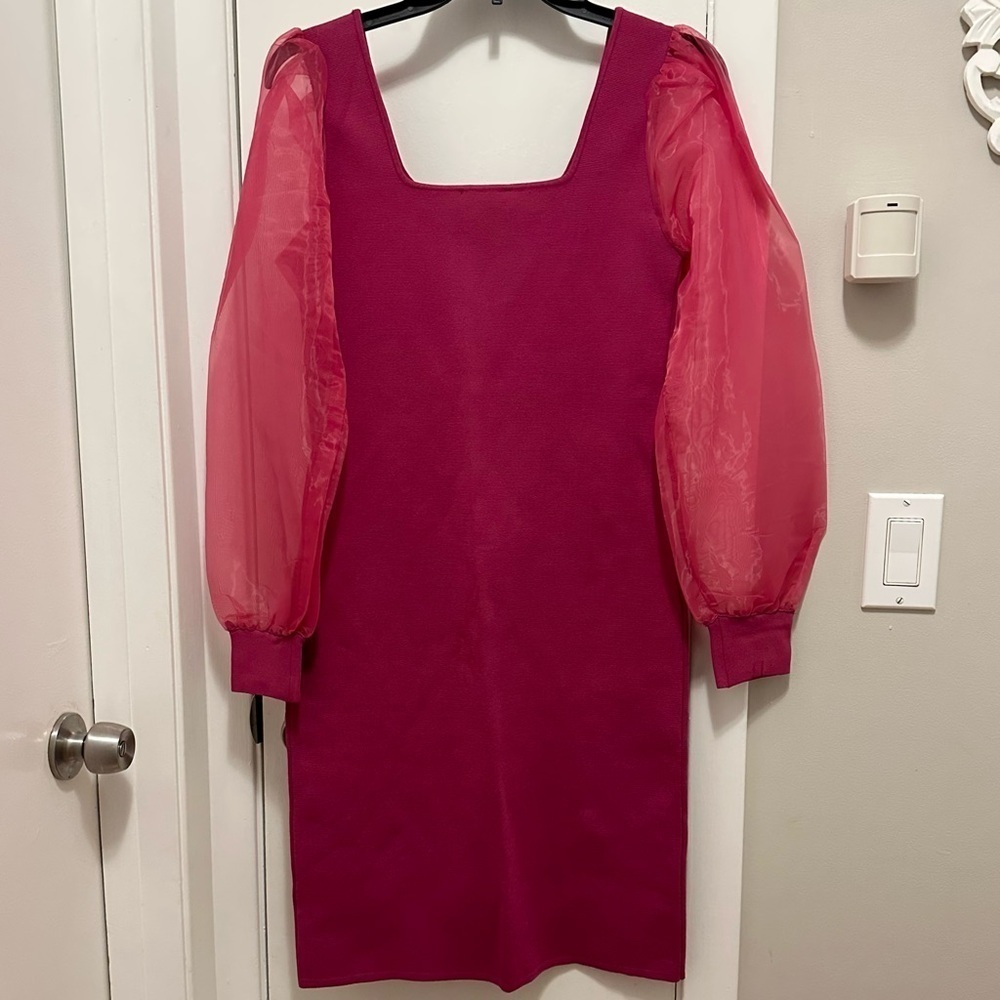 House of Harlow 1960 Fuchsia Corset Compression Knit Sheer Sleeves Mini Dress S - Picture 3 of 11